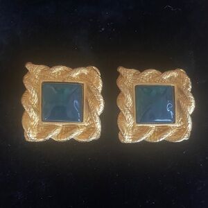 Vintage Clip On Gold and Green Earrings